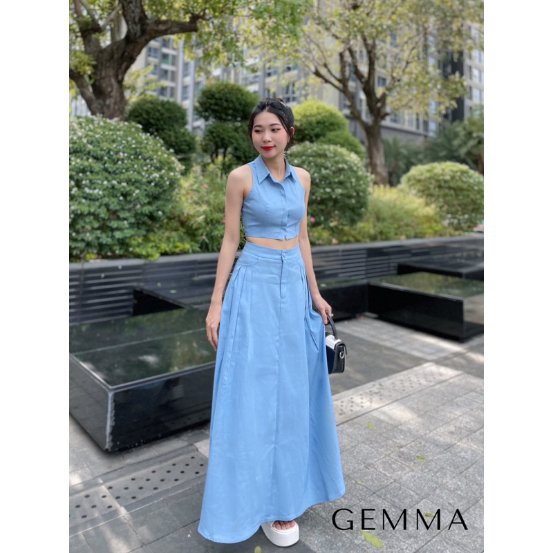 set áo croptop+cv dài xếp ly túi