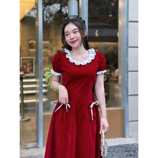 Đầm xoè nhung phối bèo túi nơ dáng dài tiểu thư chibest hdc112