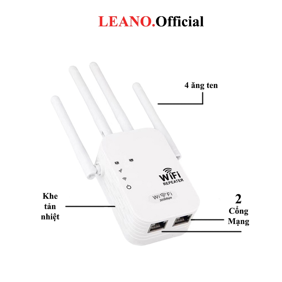 Bộ kích sóng wifi LEANO 4 râu tốc độ 300Mbps, Repeater wifi phát xuyên tường cực mạnh