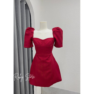  RUBYSTORE_CÓ BIGSIZE Đầm Đỏ Cúp Ngực Cổ Vuông Tay Phồng Sang Chảnhc 