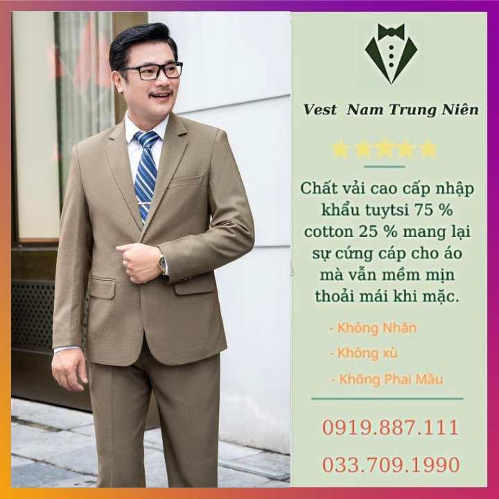 Bộ Com Lê Thương Hiệu Hồng Ngọc Cao Cấp, Vest Nam Trung Tuổi Chất Liệu Nhập Khẩu