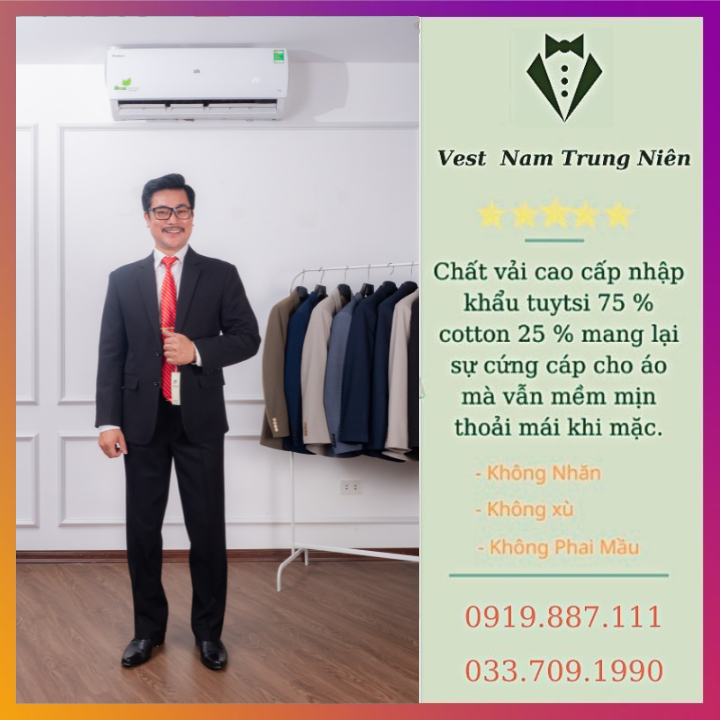 Bộ Com Lê Thương Hiệu Hồng Ngọc Cao Cấp, Vest Nam Trung Tuổi Chất Liệu Nhập Khẩu