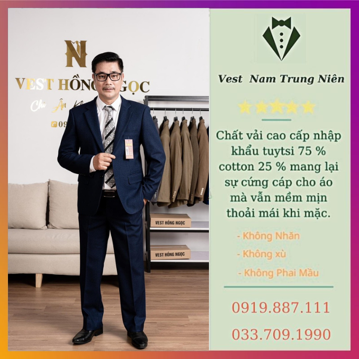 Vest Trung Niên Cao Cấp, Bộ Com Lê Trung Niên Hồng Ngọc Chất Liệu Vải Nhập Khẩu