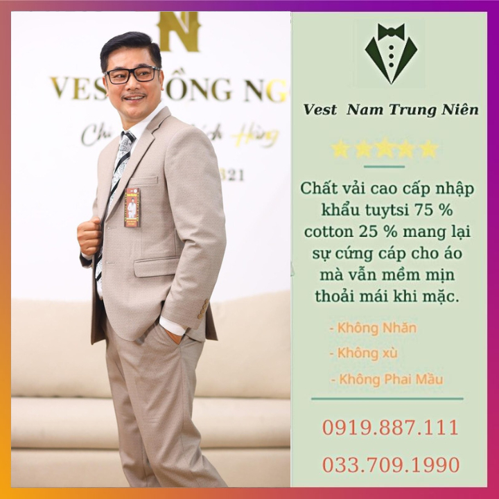 Vest Trung Niên Cao Cấp, Bộ Com Lê Trung Niên Hồng Ngọc Chất Liệu Vải Nhập Khẩu