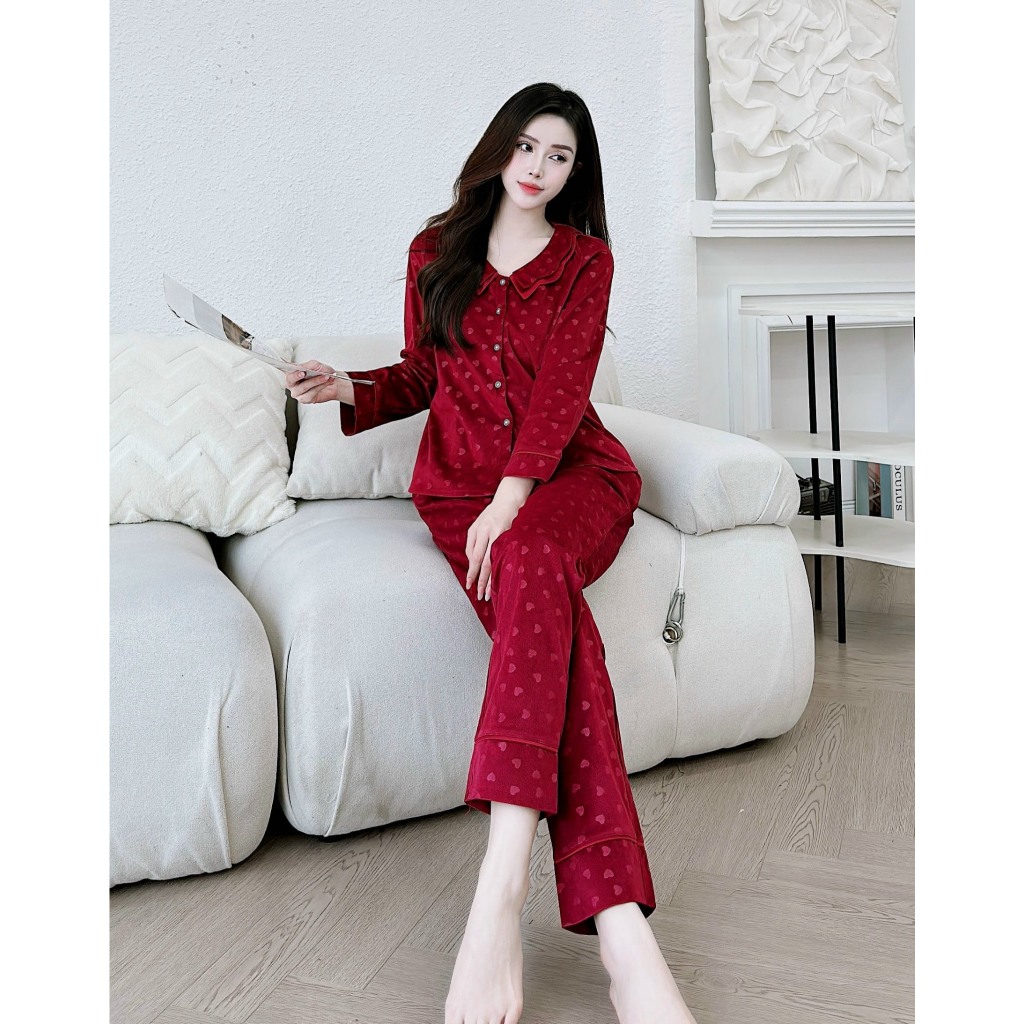 Set pijama Anna nhung tăm cao cấp, màu trơn họa tiết tim chìm cổ sen sóng 2 lớp kiểu dài tay quần dài, chất mềm, dày dặn