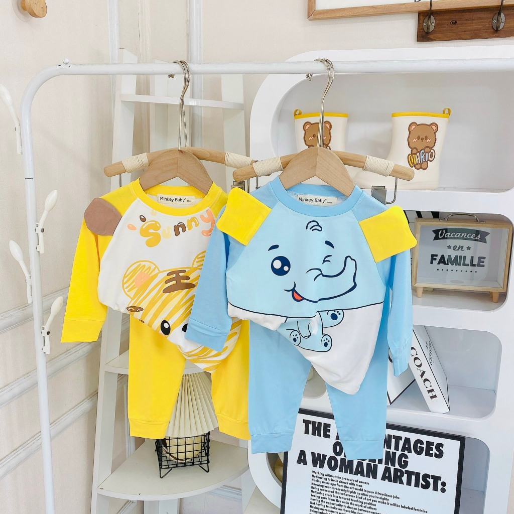 Bộ Dài Tay Thun Lạnh MINKY MOM In Hình Động Vật Dễ Thương Cho Bé trai bé gái 1 2 3 4 5 6 7 8T