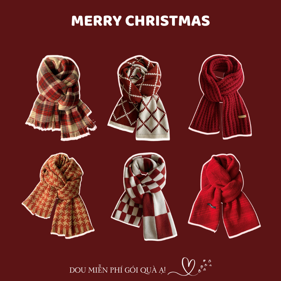 Khăn len quàng cổ unisex nam nữ dày ấm, Khăn cashmere dệt kim tone đỏ giáng sinh thời trang thu đông - Mã LN100