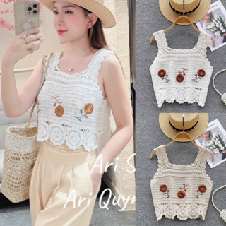 Áo 2s nữ len móc thêu hoa dáng croptop, áo 2 dây mùa hè đi biển hàng QC