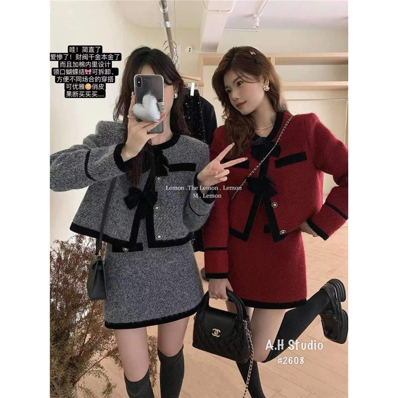 SET DẠ PHỦ NHUNG VIỀN ĐEN KÈM NƠ TIỂU THƯ 2411