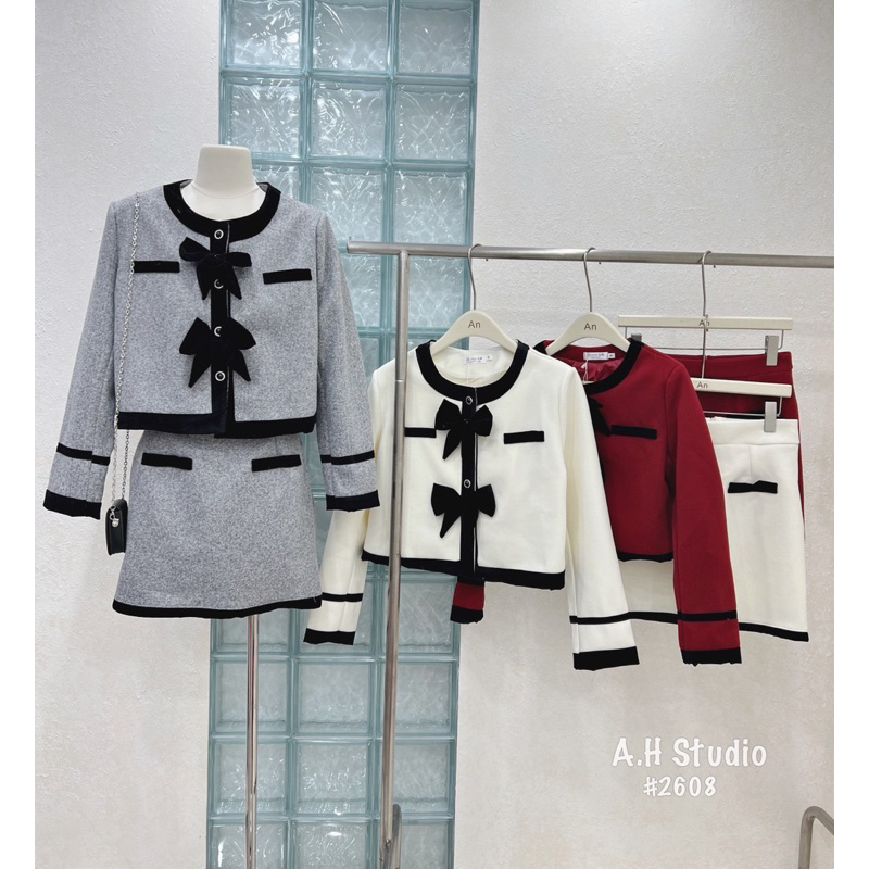 SET DẠ PHỦ NHUNG VIỀN ĐEN KÈM NƠ TIỂU THƯ 2411