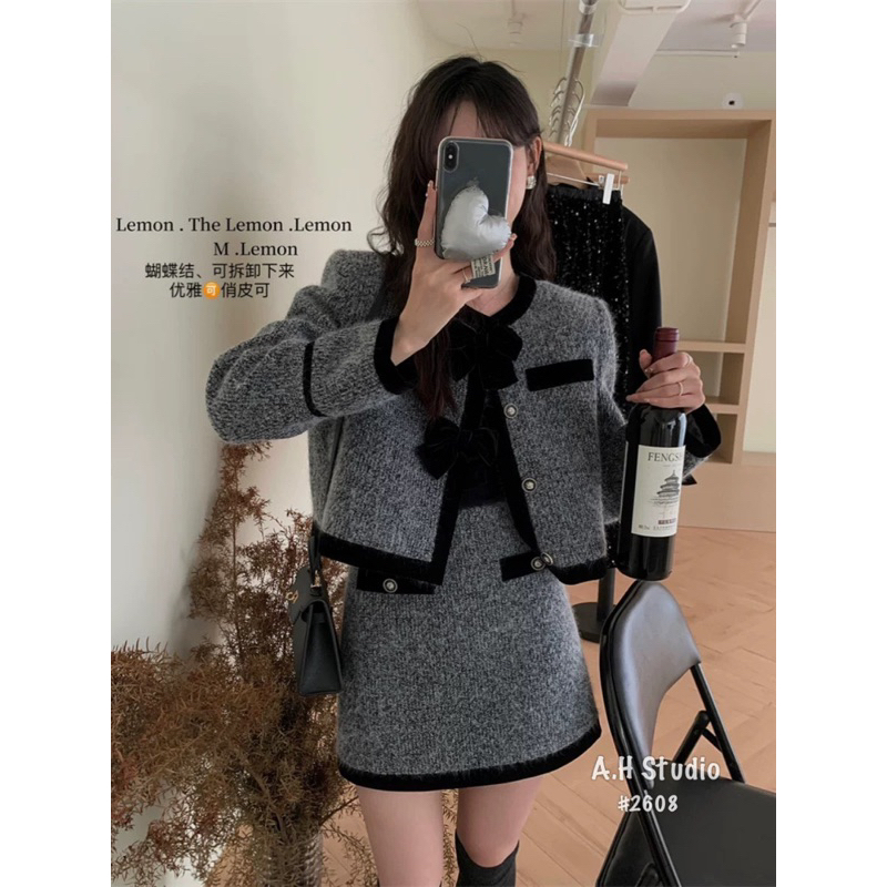 SET DẠ PHỦ NHUNG VIỀN ĐEN KÈM NƠ TIỂU THƯ 2411