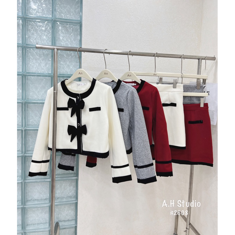 SET DẠ PHỦ NHUNG VIỀN ĐEN KÈM NƠ TIỂU THƯ 2411