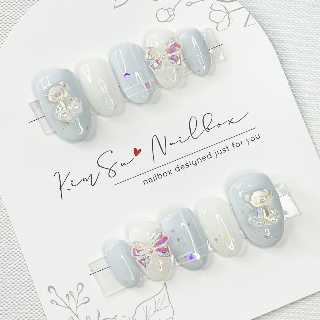 Nailbox xanh mix trắng đính nơ