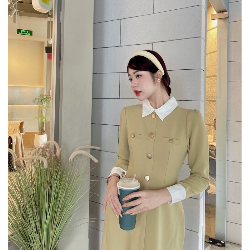 ĐẦM VÁY NỮ PHỐI CỔ SƠ MI TRẮNG TAY DÀI ĐÍNH NÚT XOÈ