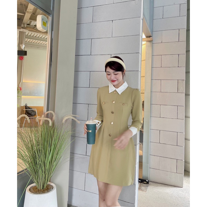 ĐẦM VÁY NỮ PHỐI CỔ SƠ MI TRẮNG TAY DÀI ĐÍNH NÚT XOÈ