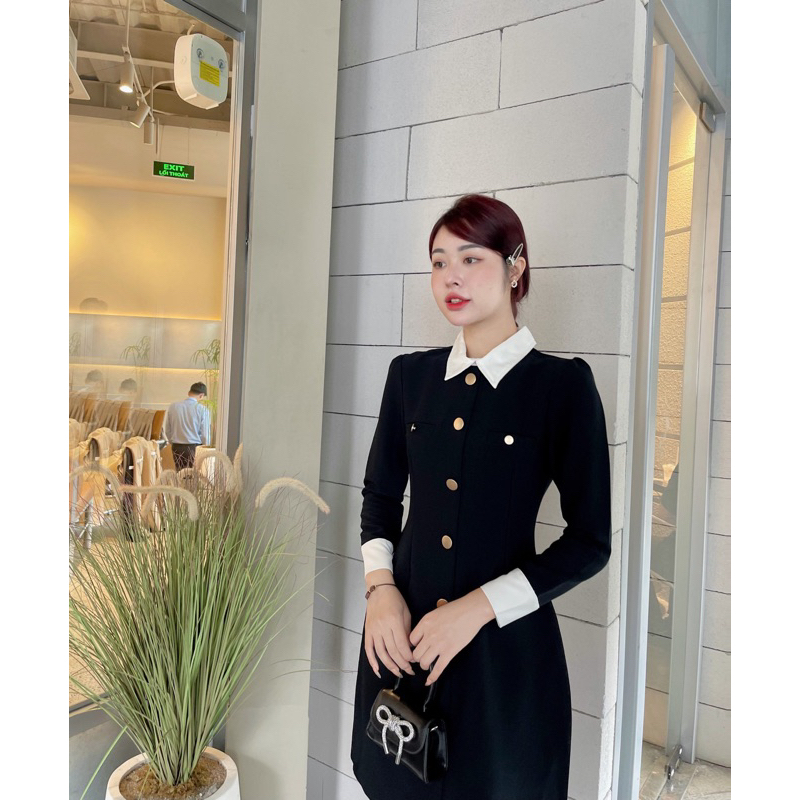 ĐẦM VÁY NỮ PHỐI CỔ SƠ MI TRẮNG TAY DÀI ĐÍNH NÚT XOÈ