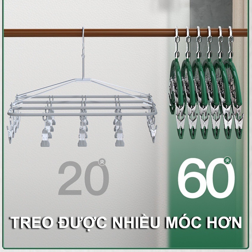 Móc Treo Đồ Lót, Tất Vớ 10 Kẹp Bọc Nhựa Có Khóa Chống Gió - Móc Treo Quần Áo 10 Móc Inox Siêu Tiện Lợi