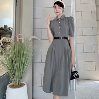 Đầm váy nữ midi cổ sơ mi đính nút ngọc eo xếp ly