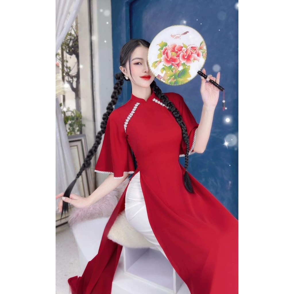 Áo Dài Nữ Cách Tân Đỏ Xanh Pha Ren Tay A Trẻ Trung Dự Lễ Tết