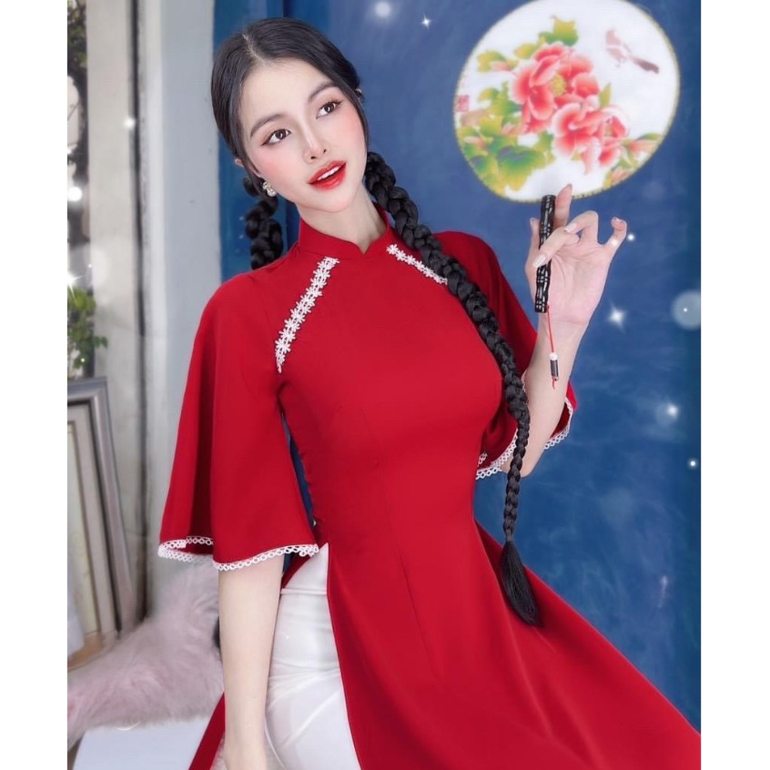Áo Dài Nữ Cách Tân Đỏ Xanh Pha Ren Tay A Trẻ Trung Dự Lễ Tết