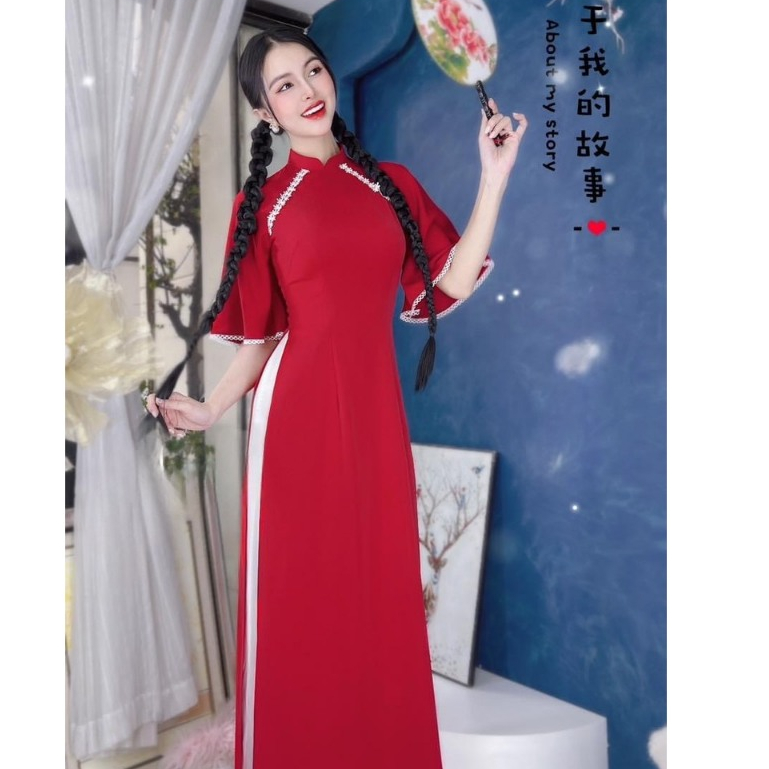 Áo Dài Nữ Cách Tân Đỏ Xanh Pha Ren Tay A Trẻ Trung Dự Lễ Tết