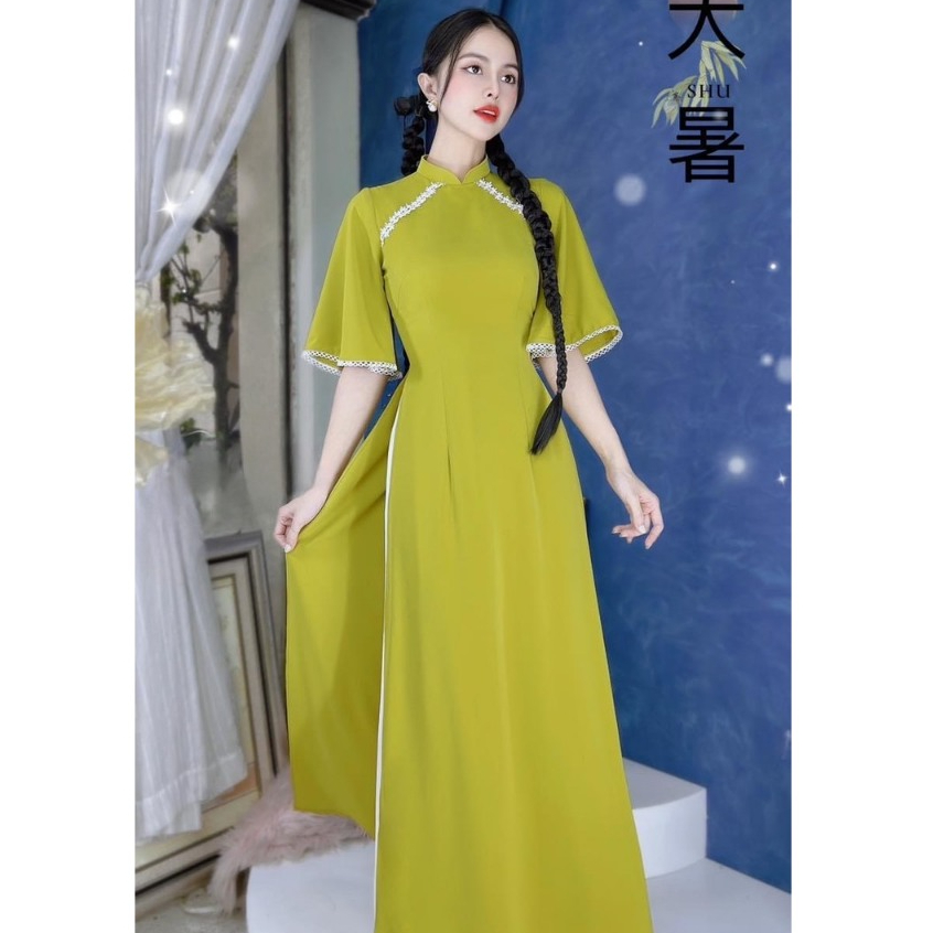 Áo Dài Nữ Cách Tân Đỏ Xanh Pha Ren Tay A Trẻ Trung Dự Lễ Tết