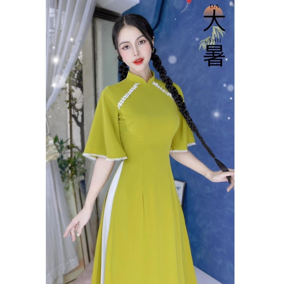 Áo Dài Nữ Cách Tân Đỏ Xanh Pha Ren Tay A Trẻ Trung Dự Lễ Tết