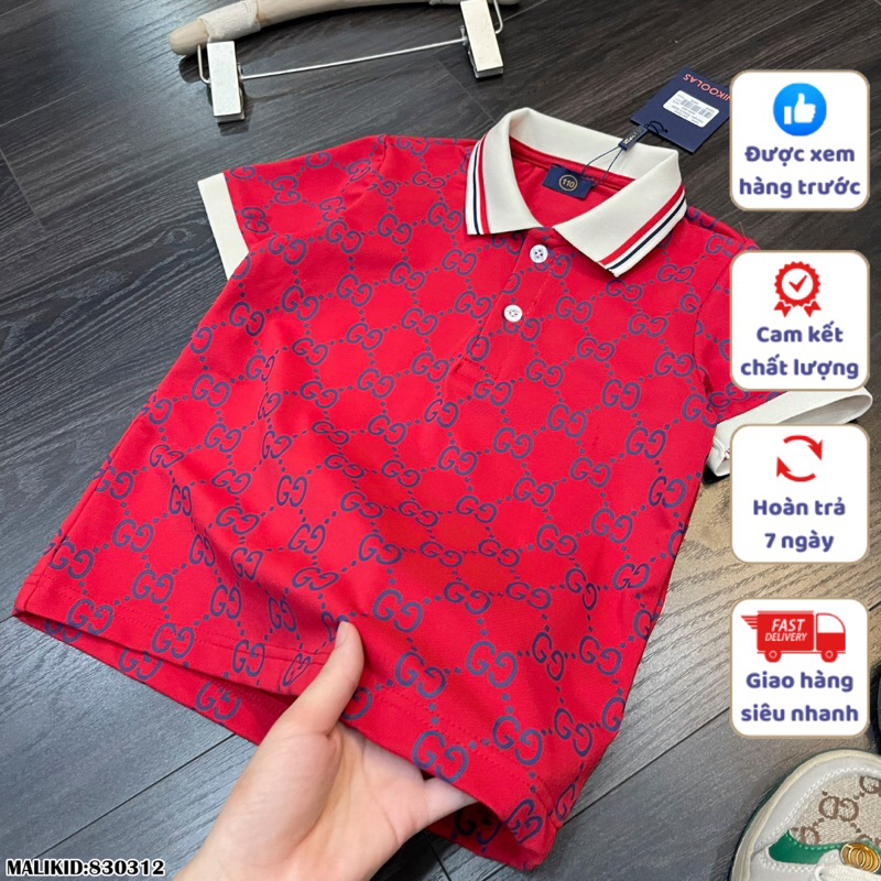 Áo polo ngắn tay cho bé in full hoạ tiết GUCCII màu đỏ chuẩn Rickids