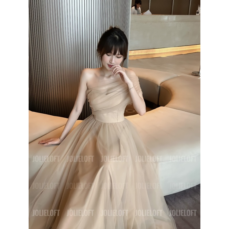 Đầm váy đi tiệc dạ hội đi sự kiện thiết kế cup quây lệch vai dáng dài phong cách tiểu thư nhẹ nhàng