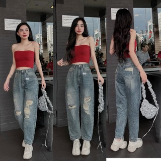 (QC CAO CẤP) QUẦN BAGGY LƯNG CAO RÁCH GỐI BỤI THẢO XINH STORE 40-55KG