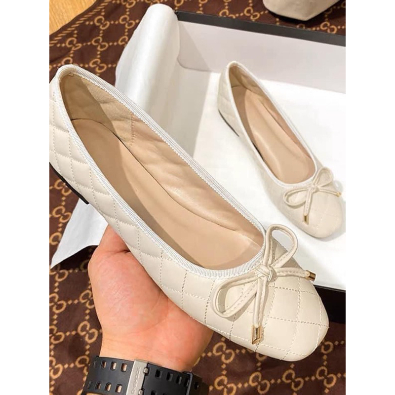 Giày búp bê bệt trám chần bông đính nơ nữ