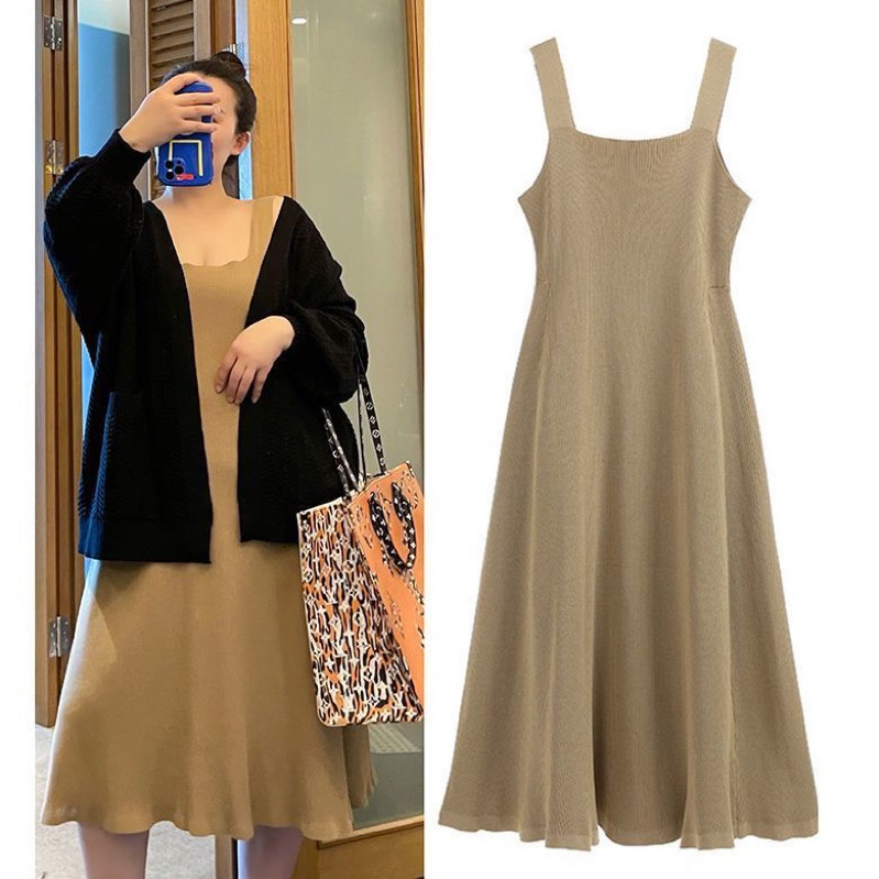 Váy hai dây len tăm dày dặn, co dãn - che khuyết điểm bụng, dành cho nữ đi chơi - đi học