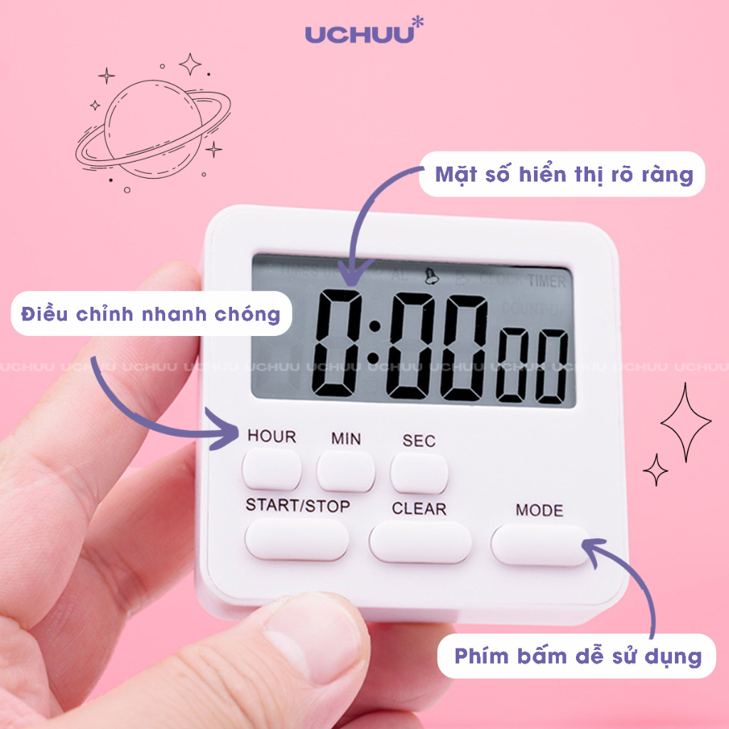 Đồng Hồ Bấm Giờ UCHUU LED Điện Tử Mini Đồng Hồ Đếm Ngược Báo Thức Hẹn Giờ Học Tập Nấu Ăn