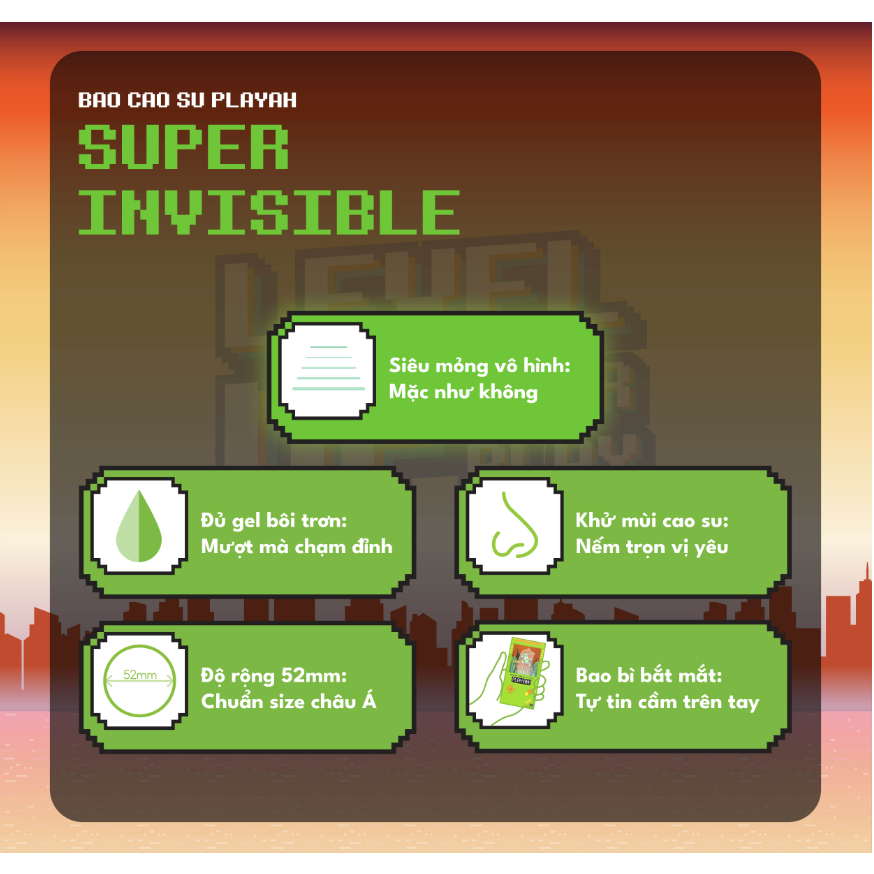 Bao Cao Su PLAYAH Siêu mỏng Super Invisible, Kéo dài thời gian Last Long, Vừa vặn Truefit, Thêm Gel Rainbow, Extra Dots