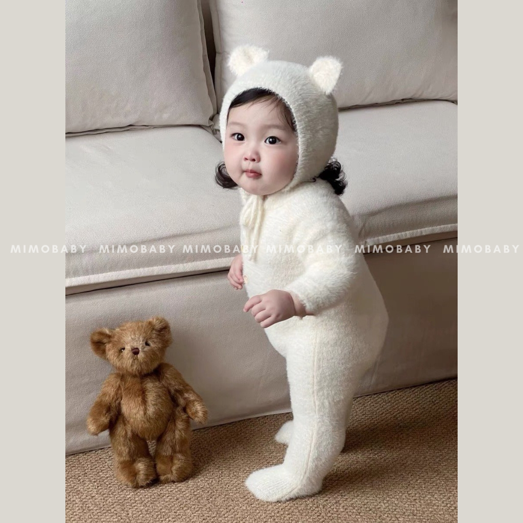 Bộ body kèm mũ tai gấu lông mềm mại dễ thương cho bé QA134 Mimo baby