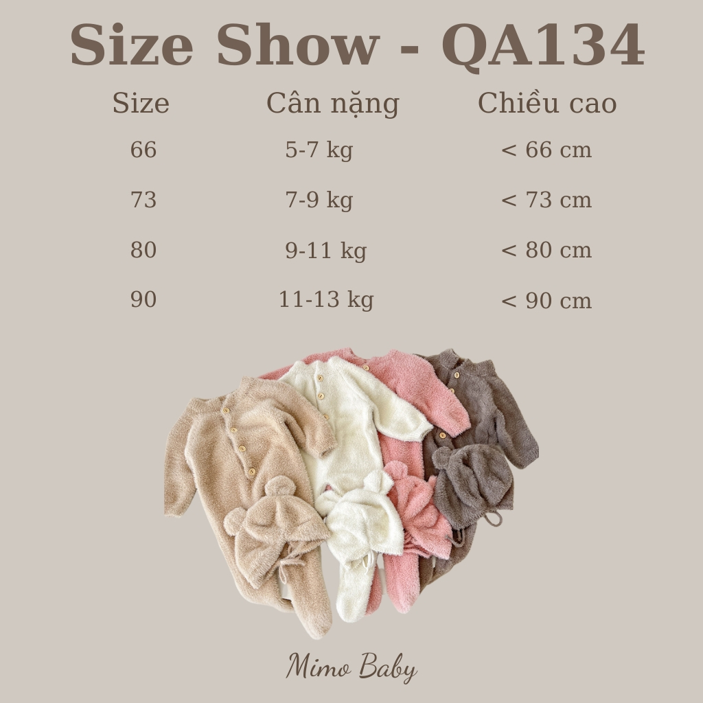 Bộ body kèm mũ tai gấu lông mềm mại dễ thương cho bé QA134 Mimo baby