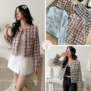  Áo Khoác Dạ Tweed Cardigan Nữ Croptop Kẻ Caro Cổ Tròn Dáng Ngắn Vải Dày Dặn Kim Tuyến Áo Dạ Tweet Khoác Ngoài 