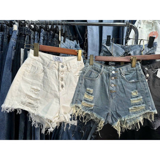 Quần short jean rách phối nút, quần đùi nữ , quần short jean lưng cao 4 nút phối rách