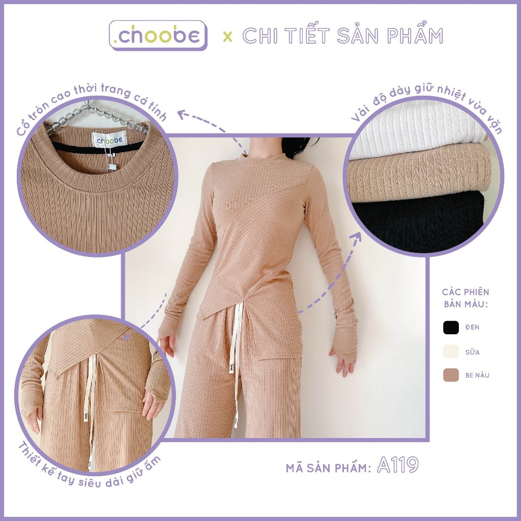 Áo dài tay nữ Choobe cổ tròn vạt chéo xẻ tà vải len gân kiểu tay siêu dài giữ nhiệt A118