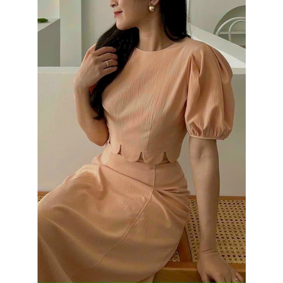 Set áo croptop cột nơ sau dợn sóng mix chân váy midi đẹp