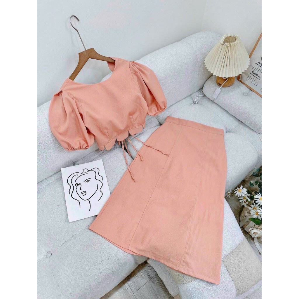 Set áo croptop cột nơ sau dợn sóng mix chân váy midi đẹp