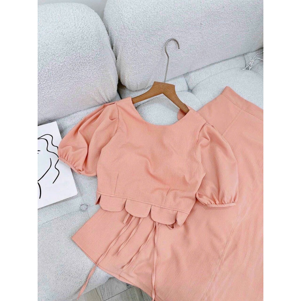 Set áo croptop cột nơ sau dợn sóng mix chân váy midi đẹp