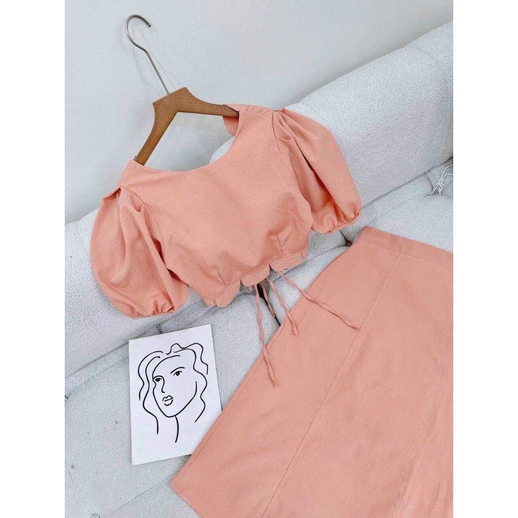 Set áo croptop cột nơ sau dợn sóng mix chân váy midi đẹp