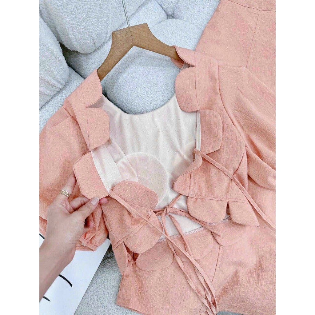 Set áo croptop cột nơ sau dợn sóng mix chân váy midi đẹp