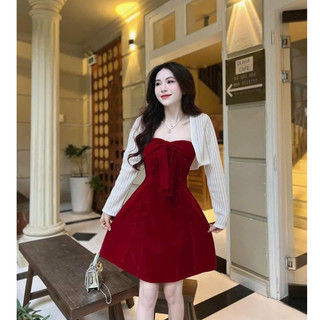  Đầm kèm áo khoác len ren tay dài thời trang nữ chất nhung cứng cổ dây không tay phối nơ ngực dáng váy dài xoè midi 