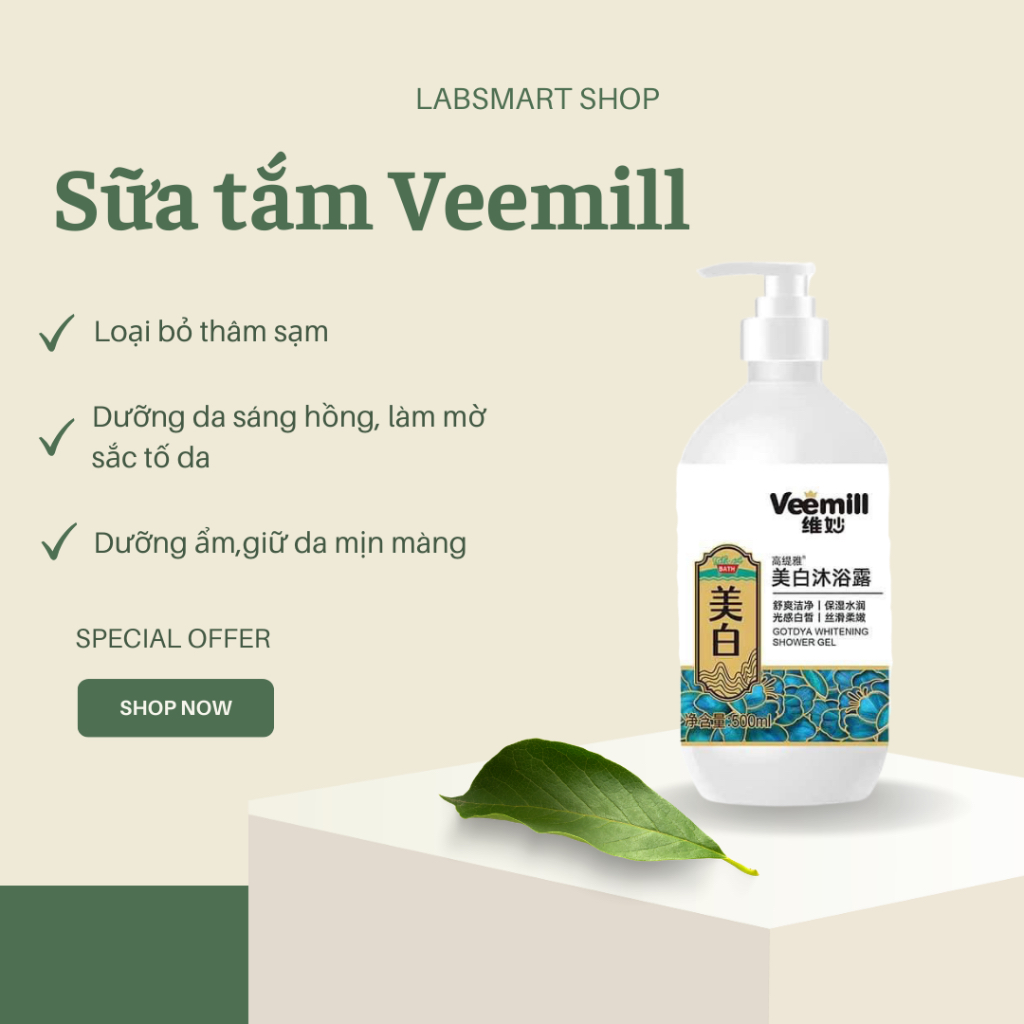 Sữa tắm Veemill trắng sáng da, mịn màng, mượt da 500ml