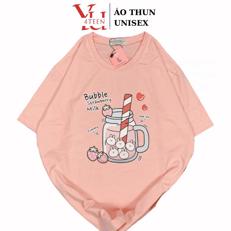 Áo Thun PHÔNG NAM NỮ Tay Ngắn UNISEX IN DECAL DÂU THỎ TRÀ SỮA - Hình chụp thật (Đủ size M-L-XL-XXL BIGSIZE)