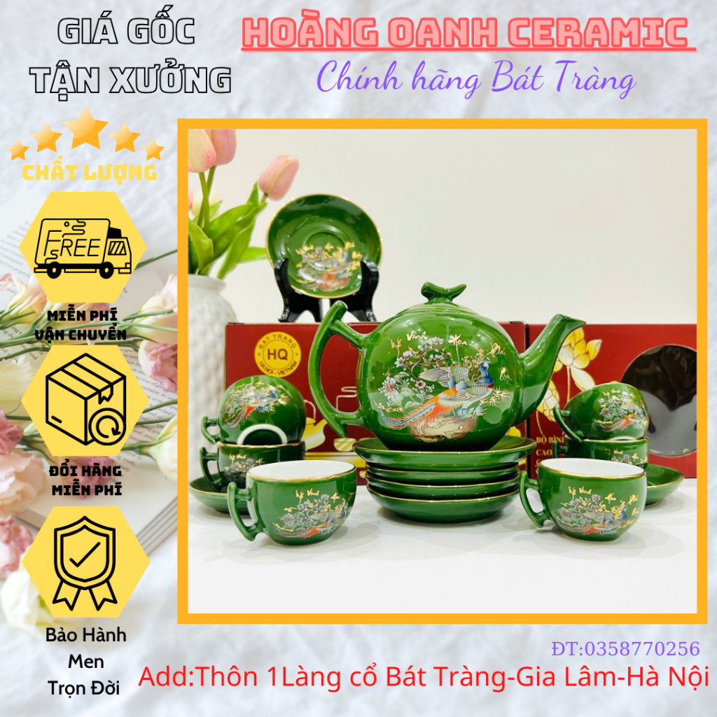 (CHỌN 6 MẪU)Ấm chén pha trà Bát Tràng-vẽ Vàng Công Đón Tài Lộc,Kim Kê Đại Cát-men Xanh Rêu,ấm Bưởi