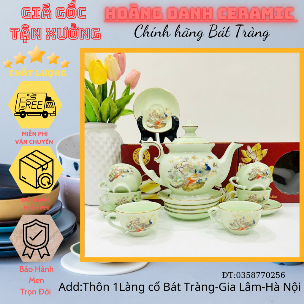 (CHỌN 7 MẪU)Bộ Ấm Chén Pha Trà men Ngọc-hàng nhà lò Bát Tràng-vẽ Vàng Chim Đậu Cành Mai,các loai Hoa
