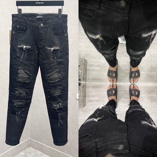 Quần jean bò nam Amiri skinny thêu khoá zip đùi phối rách lót da nhăn dọc đùi phong cách boy phố QJ06P